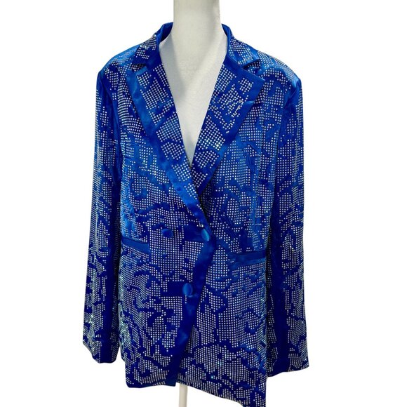 NWT AKIRA Royal Blue Embellished Satin Double Breasted Blazer, Rhinestone - Picture 3 of 9